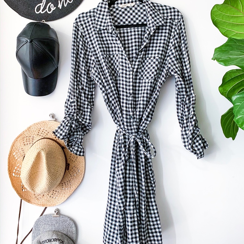 Gingham Button-Up Dress with Sash
